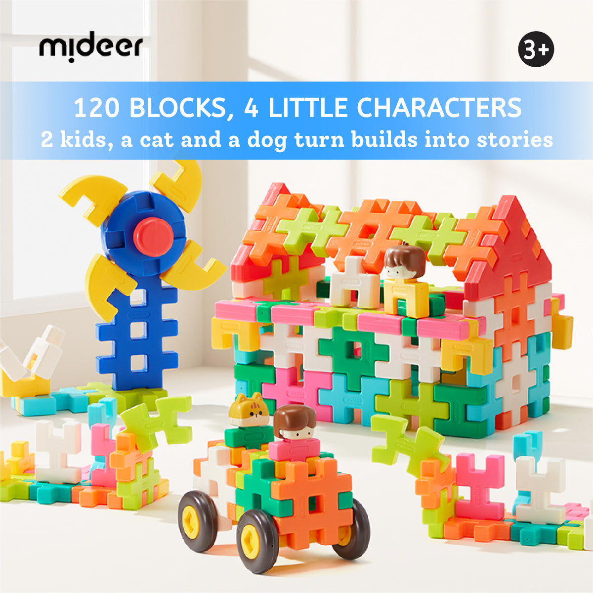 A colorful children's building block set with 120 pieces and four small character figures, shown assembled into a house, wind spinner, and toy cars. The brand name 'mideer' appears in the top left, with product text across the top and a black '3+' age badge in the upper right.