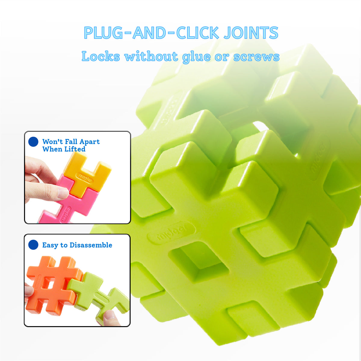 A bright lime green puzzle ball toy with interlocking textured blocks, shown on a white background with feature callouts and two inset demonstration photos. Text at the top reads 'PLUG-AND-CLICK JOINTS' and 'Locks without glue or screws.