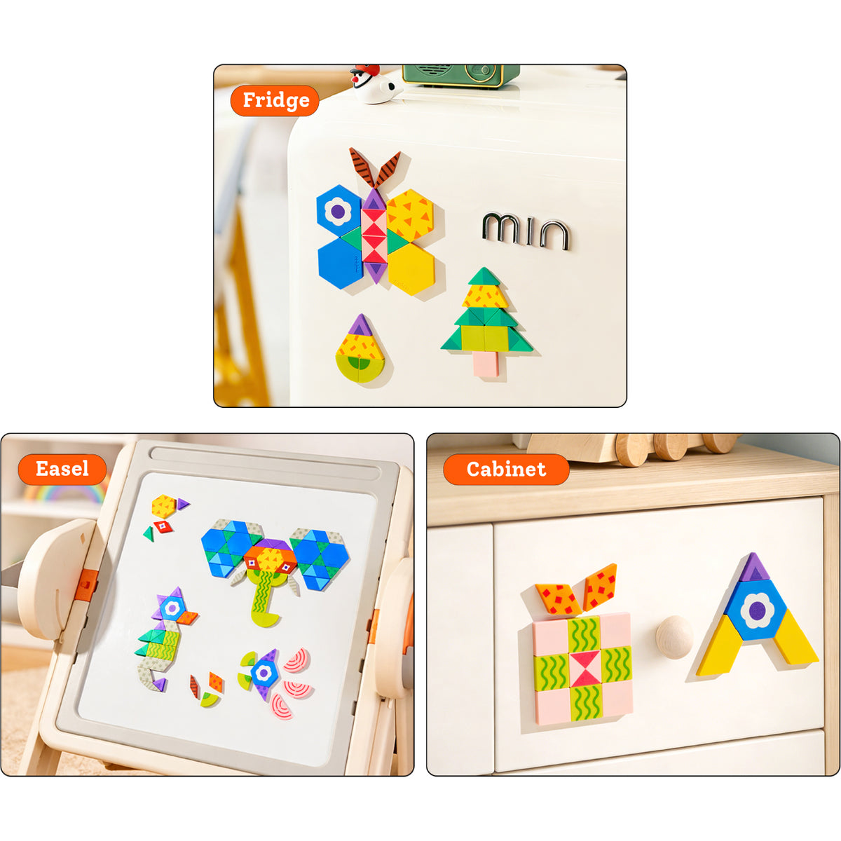 Three-panel collage showing colorful geometric magnetic refrigerator and cabinet door magnets. The top panel shows a white refrigerator with multicolored shape magnets and the word 'min' in metal letters.
