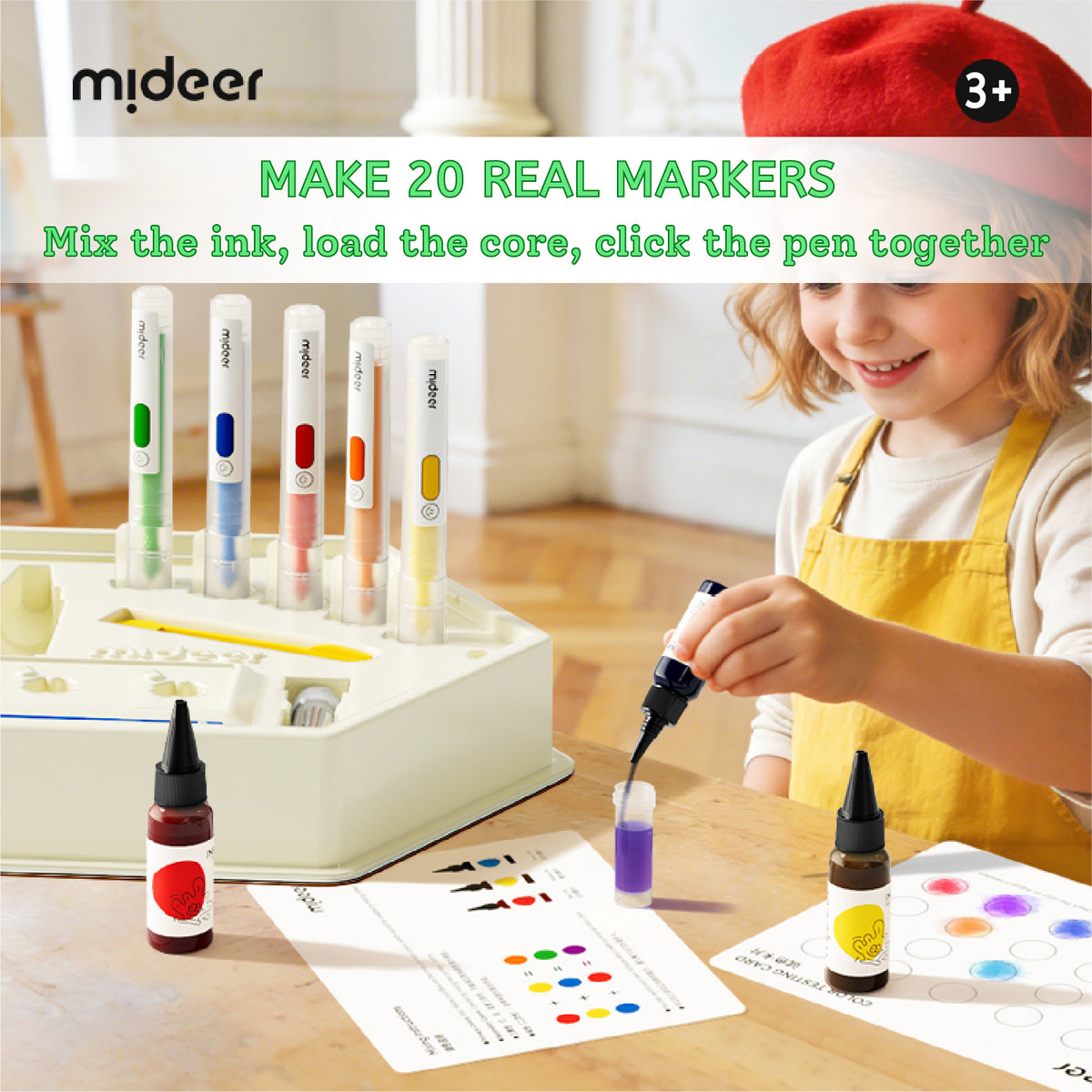 A child wearing a yellow apron and red beret is assembling and using a set of marker pens on a wooden table, with product bottles, a tray of marker cores, and printed color charts in a bright indoor setting. The brand name 'mideer' is visible at the top left.