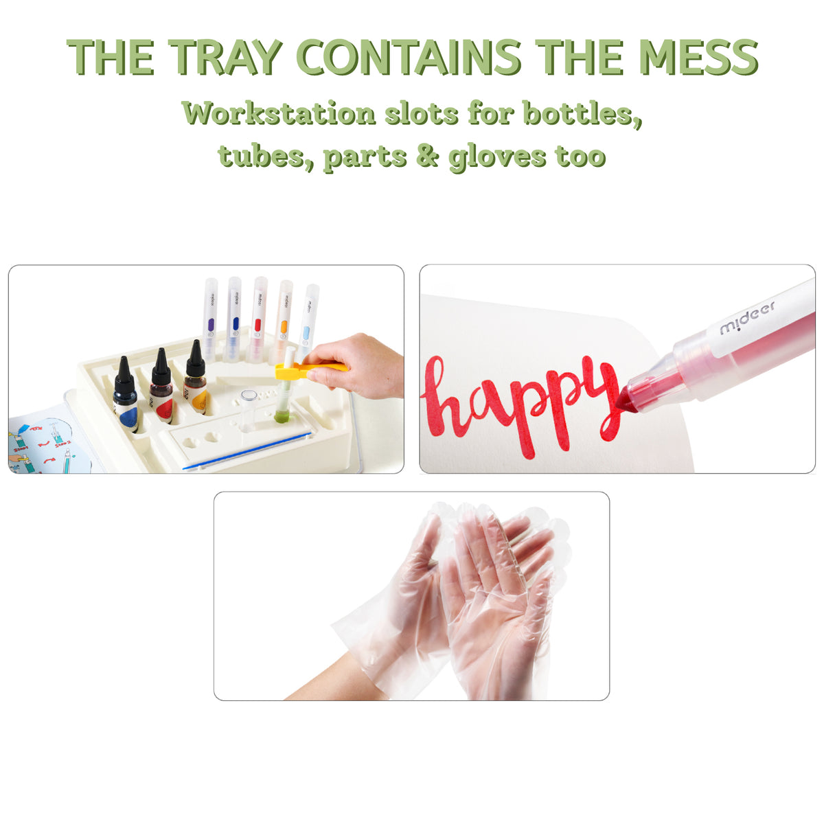 A product listing graphic showing a clear plastic glove tray and disposable gloves. The top text reads 'THE TRAY CONTAINS THE MESS' with additional text below.