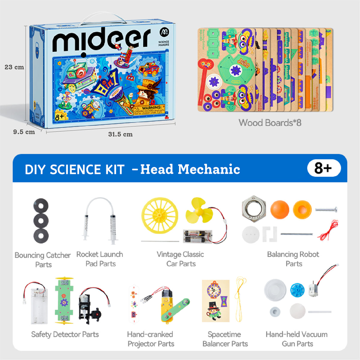 Mideer DIY science kit labeled 'Head Mechanic' shown with its retail box and included parts on a white background. The box is blue with colorful space-themed artwork, and the kit contents below include wooden robot parts, metal components, small motors, and other building pieces.