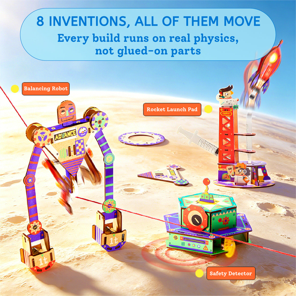 A colorful children's robotics building set displayed in a desert-like scene with labeled inventions: a balancing robot, rocket launch pad, safety detector, and a rocket launching. Text at the top reads, '8 INVENTIONS, ALL OF THEM MOVE' and 'Every build runs on real physics, not glued-on parts.