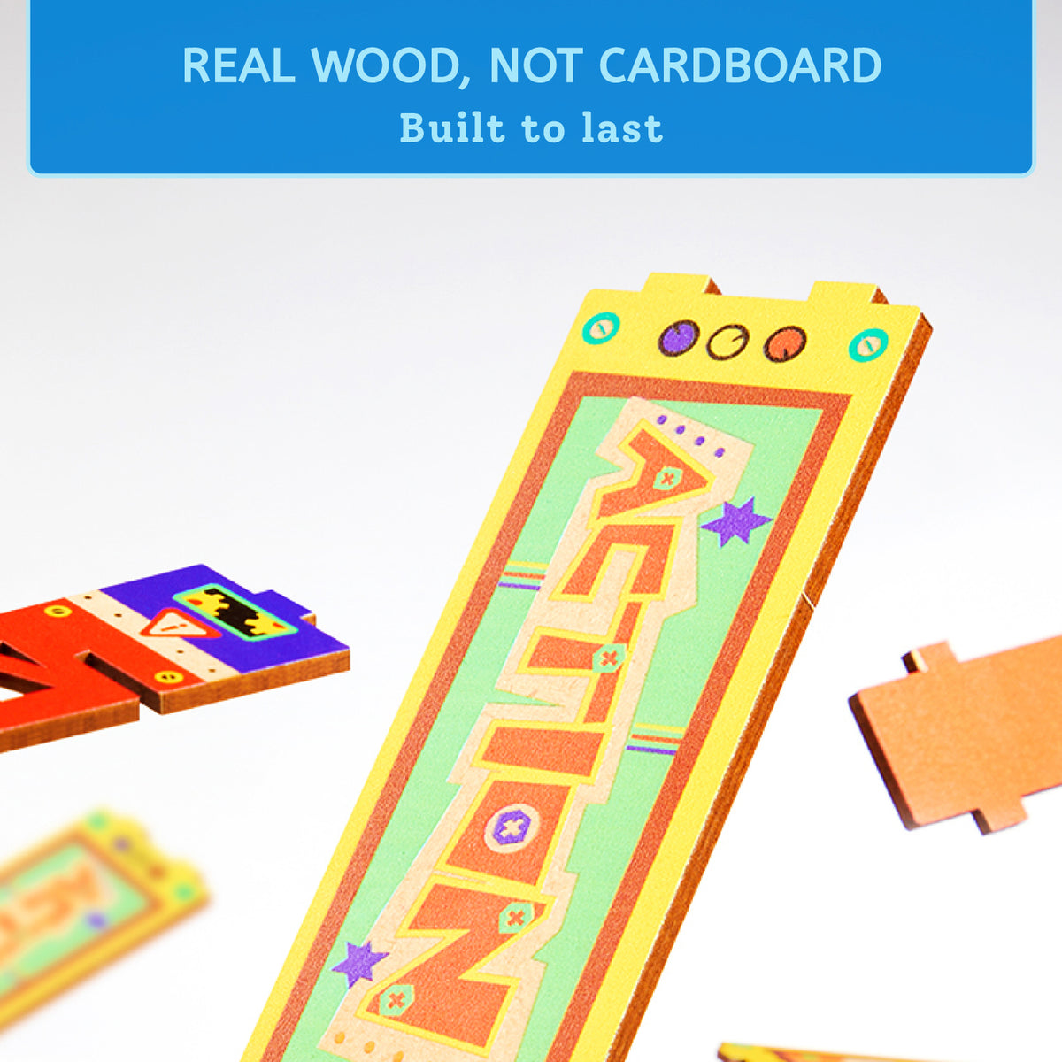 A colorful wooden puzzle board labeled 'MADNESS' shown on a white background with a blue banner at the top reading 'REAL WOOD, NOT CARDBOARD Built to last.' Other puzzle pieces are partially visible around it.
