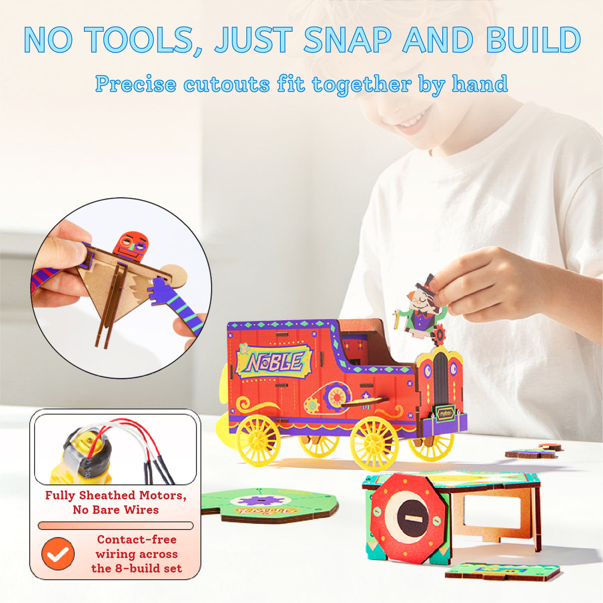 A children's 3D cardboard build toy set shown on a light tabletop with a child partially visible in the background. The main product is a colorful train model with loose matching pieces, and the image includes callout insets showing hands assembling a piece and a close-up of a motor connection.