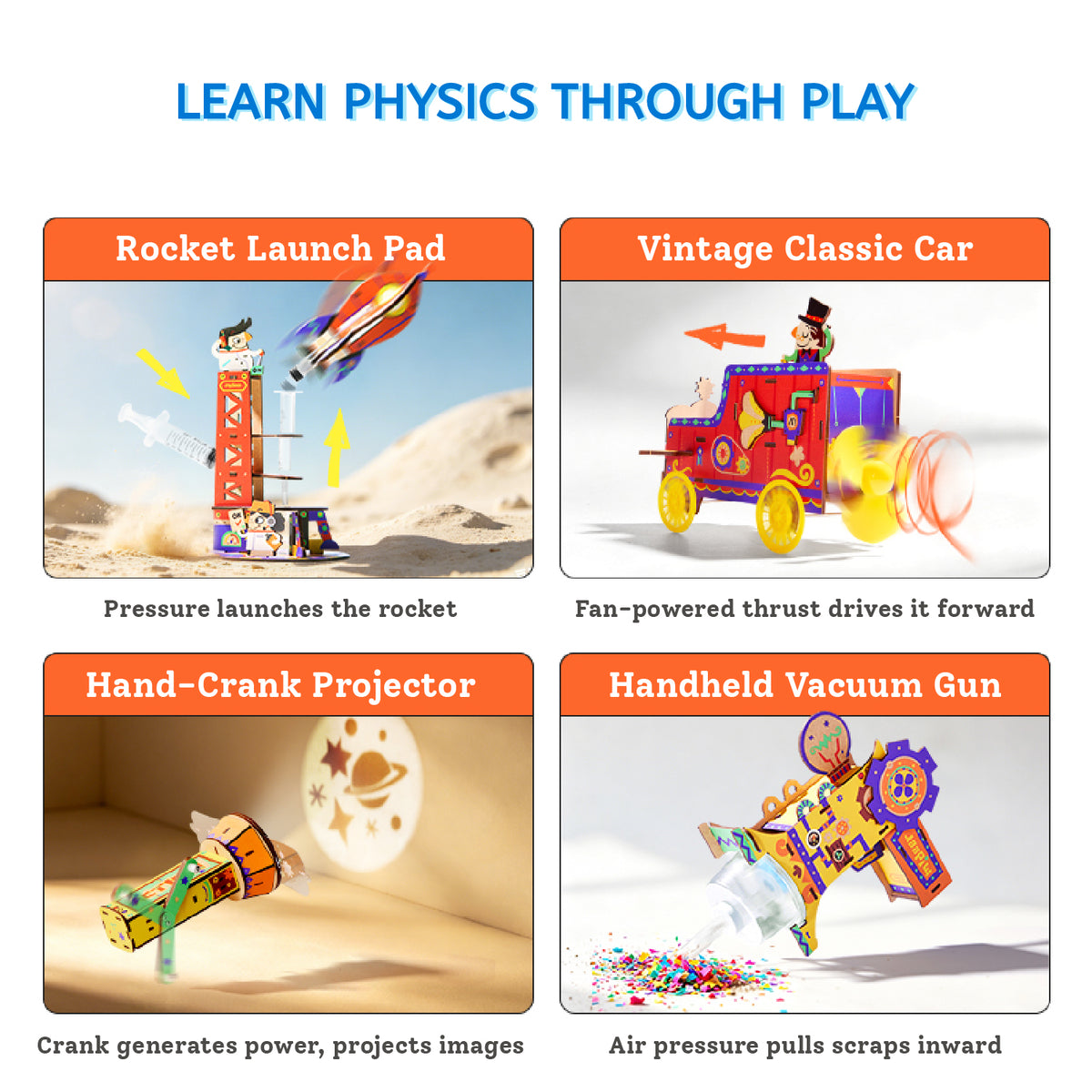 A 2x2 promotional infographic on a white background with the headline 'LEARN PHYSICS THROUGH PLAY' in blue. Each quadrant shows a different toy activity: 'Rocket Launch Pad' with a toy rocket launching from a tower, 'Vintage Classic Car' with a fan-powered toy car, 'Hand-Crank Projector' with a hand-crank toy projecting light, and 'Handheld Vacuum Gun' with a handheld toy sucking up confetti.