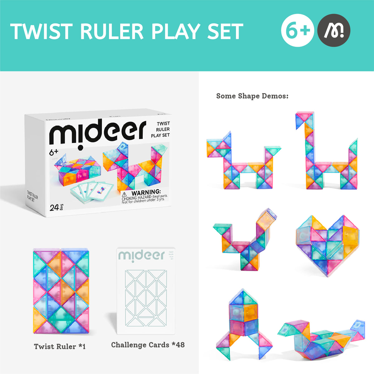 Mideer Twist Ruler Play Set promotional graphic showing the product box, twist ruler cards, challenge cards, and several colorful geometric toy constructions on a white background with a teal header.