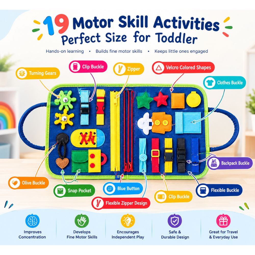 Toddler motor skill activity fabric pouch with 19 colorful sensory buttons, zippers, and handles, shown on a bright white background with feature callouts and text.