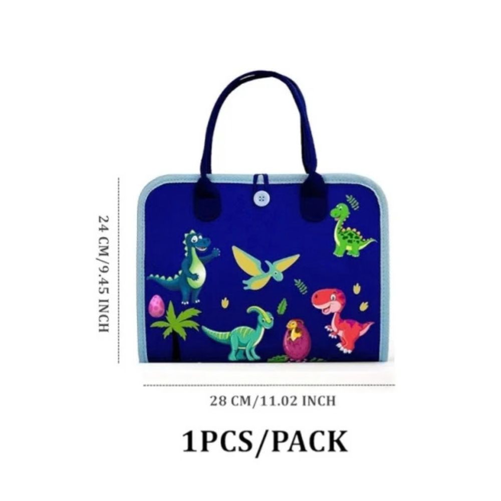 A blue tote bag with a colorful dinosaur print, shown with dimension markings of 24 cm by 28 cm and the text '1PCS/PACK' on a white background.